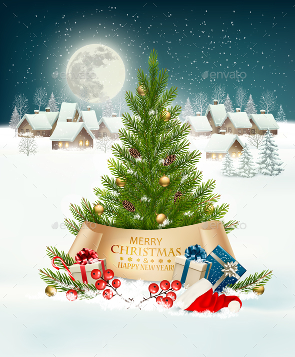 Holiday Background with a Village and Christmas Tree - Christmas Seasons/Holidays