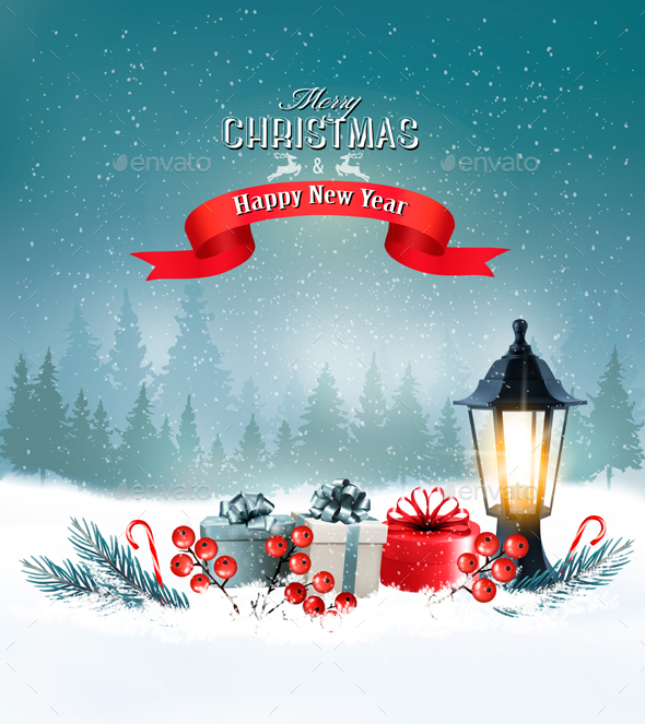 Christmas Background with a Lantern and Colorful Gift Boxes - Christmas Seasons/Holidays