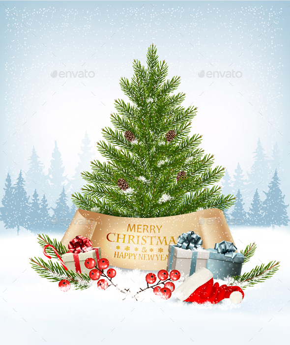 Holiday Background with a Christmas Tree and Presents. Vector. - Christmas Seasons/Holidays
