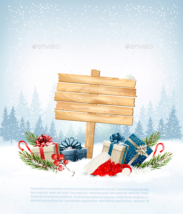 Winter Background with Gift Boxes and a Wooden Board - Christmas Seasons/Holidays