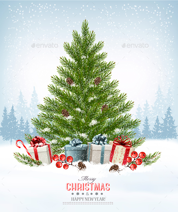 Holiday Background with a Christmas Tree and Presents - Christmas Seasons/Holidays