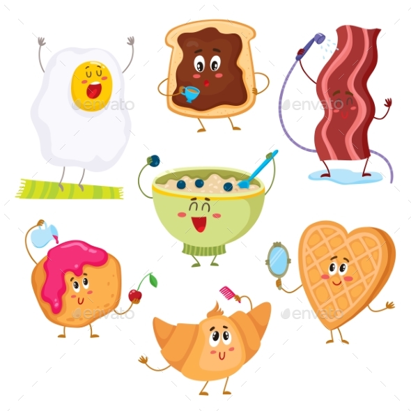 Set of Cute and Funny Cartoon Breakfast Characters - Food Objects