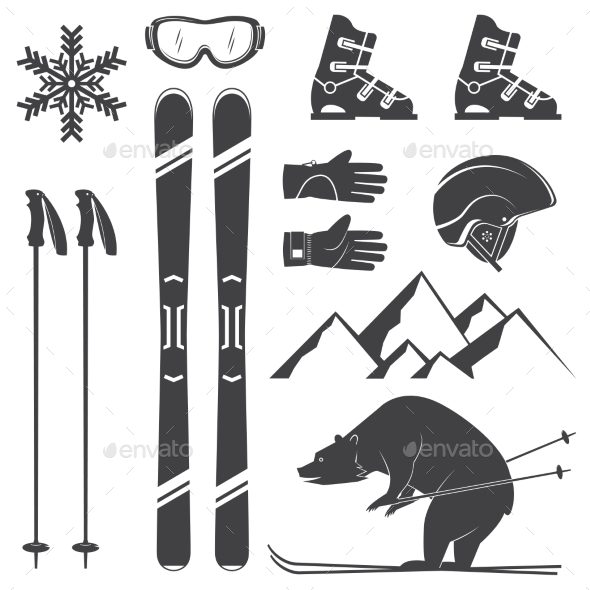 Set of Skiing Equipment Silhouette Icons - Sports/Activity Conceptual
