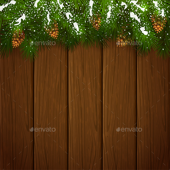 Christmas Fir Tree Branches with Snow and Pinecones on Wooden Background - Christmas Seasons/Holidays