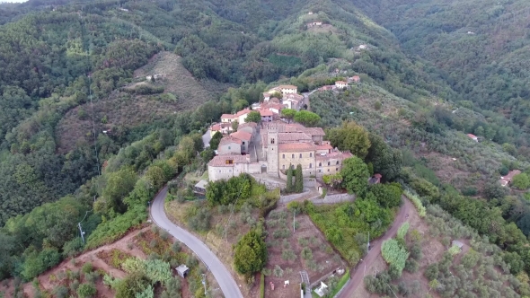 Aerial Shot, Gorgeous Classic Small Italian Village on the Hill Flyover