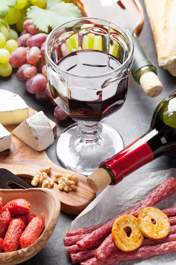 Wine, grape, cheese, sausages Stock Photo by karandaev PhotoDune