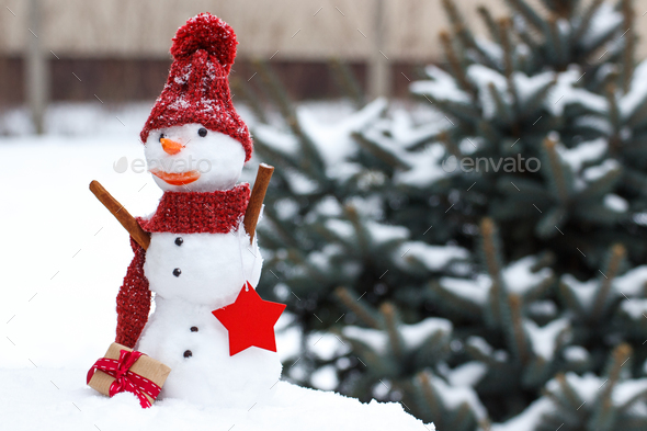 Snowman with gift for Christmas or Valentine on background of coniferous tree covered snow - Stock Photo - Images