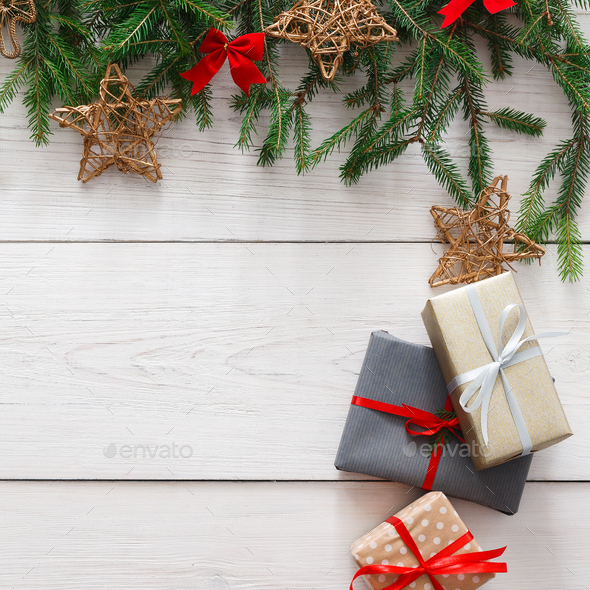Christmas decoration, gift boxes and garland frame background