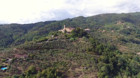 Aerial Shot, Gorgeous Classic Small Italian Village on the Hill Flyover