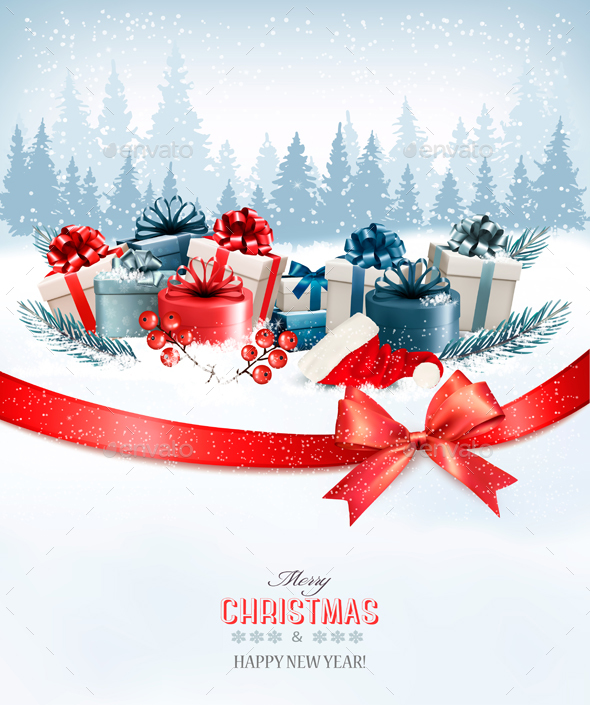 Holiday Christmas Background With A Gift Boxes. Vector - Christmas Seasons/Holidays