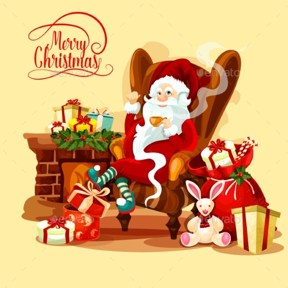 Christmas Card with Santa Sitting Near Fireplace - Christmas Seasons/Holidays