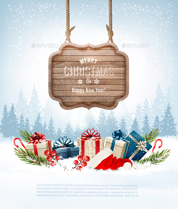 Christmas Background With A Retro Wooden Sign. Vector - Christmas Seasons/Holidays