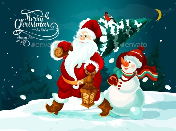 Santa and Snowman with Xmas Tree and Gifts Card - Christmas Seasons/Holidays