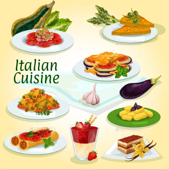 Italian Cuisine Main and Dessert Dishes Icon - Food Objects