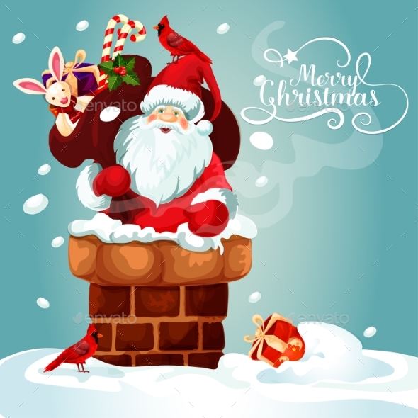 Christmas Card of Santa with Gift Bag on the Roof - Christmas Seasons/Holidays