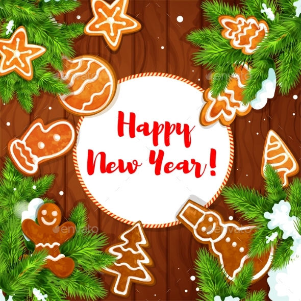 Cookies and Pine on Wooden Background - New Year Seasons/Holidays