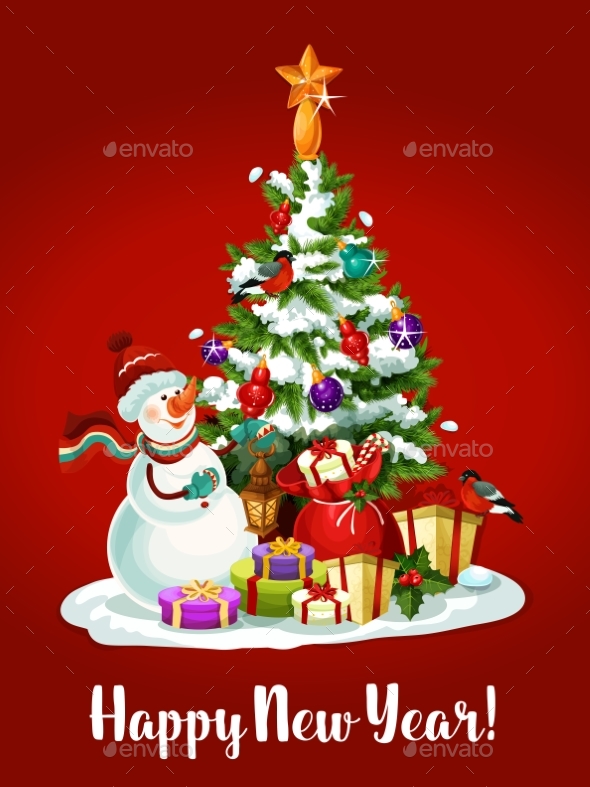 New Year Holiday Card with Snowman and Pine - New Year Seasons/Holidays