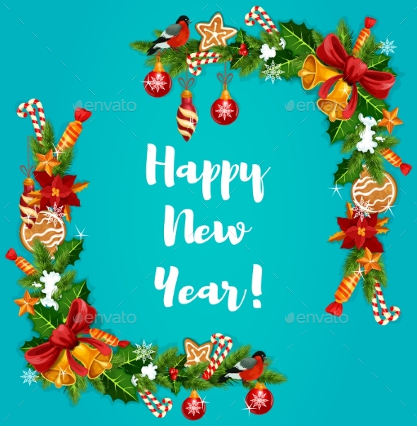 New Year Tree, Holly and Garland Frame - New Year Seasons/Holidays