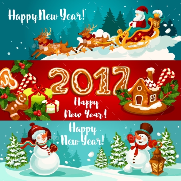 New Year Banners with Holiday Characters - New Year Seasons/Holidays