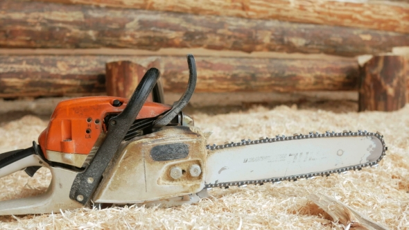 Chainsaw Builder at the Site of Construction of a Wooden House. Many Sawdust and a Part of the