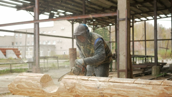 Man Cuts Wood Chainsaw for Future Home. Protective Face Mask on the Face of the Builder and a Lot of