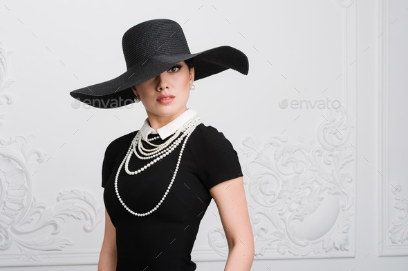 Fashion Retro Vintage Girl in Hat, Woman in black long dress By Ksenia  FashionArt