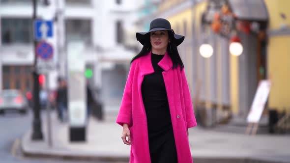 Style of Big Modern City, Luxury Rich Woman Is Walking on Street at Fall Day, Wearing Fashion alt
