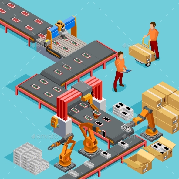 Automated Factory Production Line Isometric by macrovector | GraphicRiver