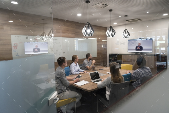 start up business people group attending videoconference call - Stock Photo - Images