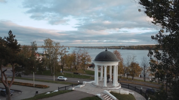 Aerial Shot Pavilion of Ostrovsky on the Volga River alt