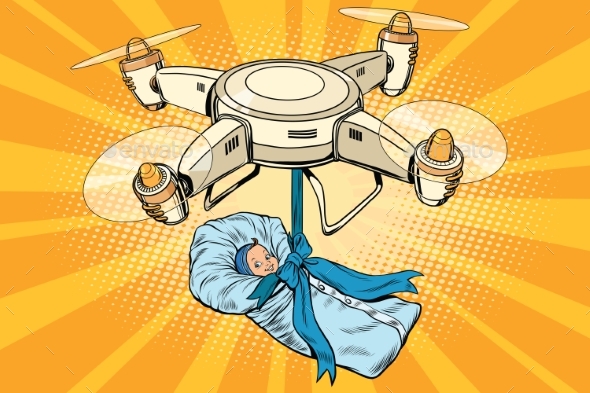 Drone Quadcopter Delivery of a Newborn Baby - People Characters