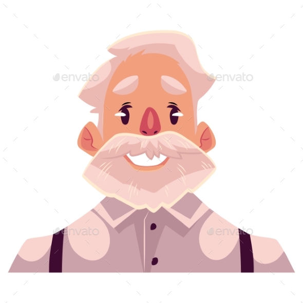 Grey Haired Old Man Face, Smiling Facial - People Characters