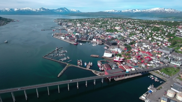 Bridge of City Tromso, Norway Aerial Footage alt