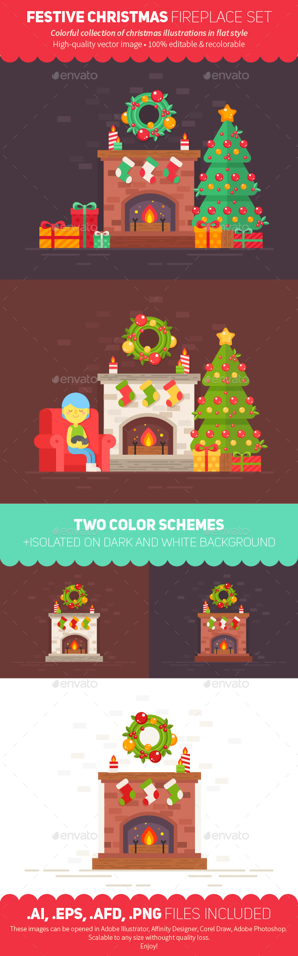 Festive Christmas Fireplace Flat Scenes - Christmas Seasons/Holidays