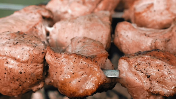 Barbecue Skewers with Meat Cooking on the Grill