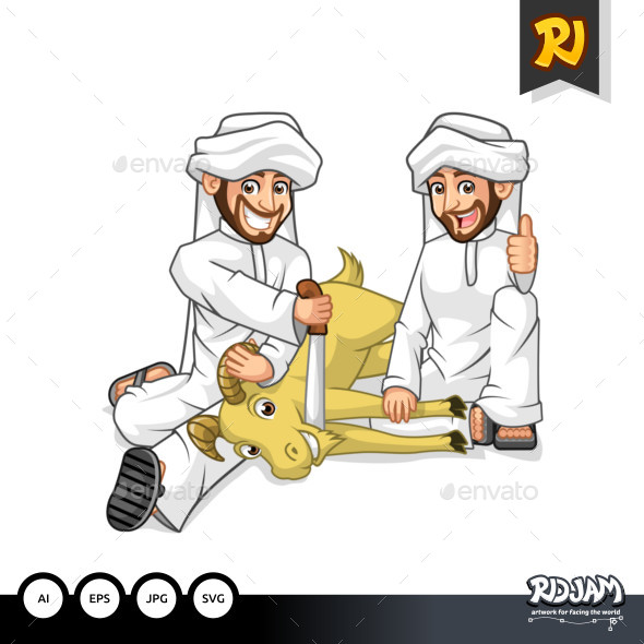 Muslim Middle Eastern Men Cartoon Character Sacrifice Goat in Celebration - People Characters