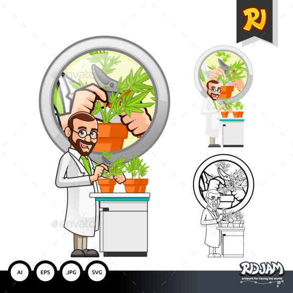 Plant Scientist Cartoon Character Cutting a Leaf from a Plant - People Characters