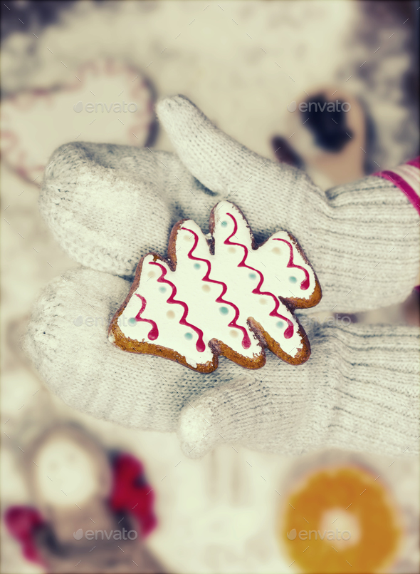 Child hands in gloves holding gingerbread cookie