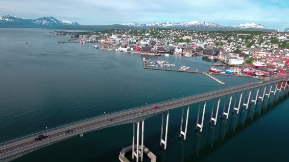 Bridge of City Tromso, Norway Aerial Footage alt