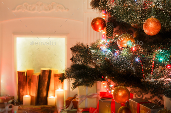 Christmas room interior design, decorated tree in garland lights - Stock Photo - Images
