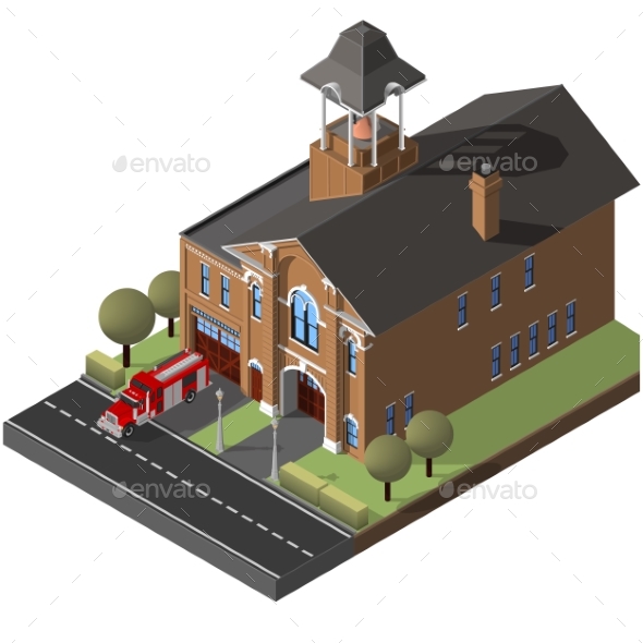 Isometric Firehouse and Firetruck. - Buildings Objects
