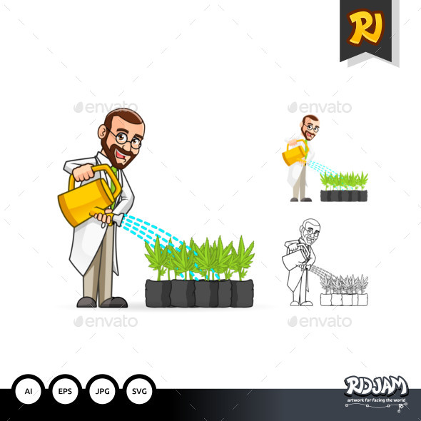 Plant Scientist Cartoon Character Watering The Plants - People Characters