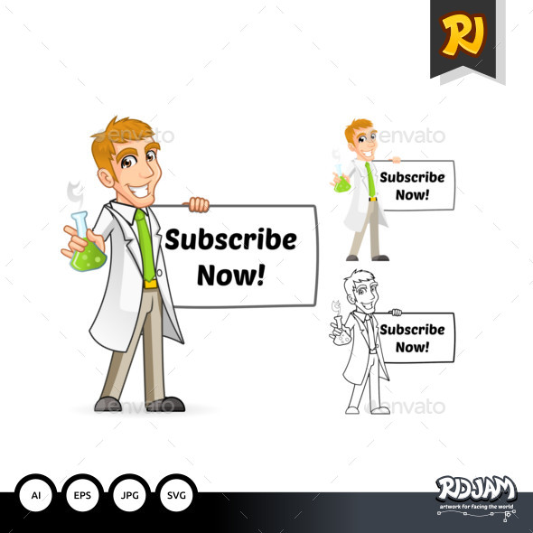 Scientist Cartoon Character Holding a Beaker and Banner - People Characters
