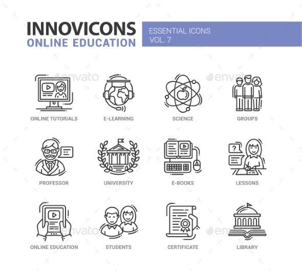 Online Education Line Design Icons Set - Web Technology