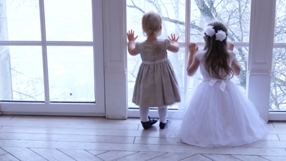 Children Looking at Window, Two Little Girls Looking Through Window.