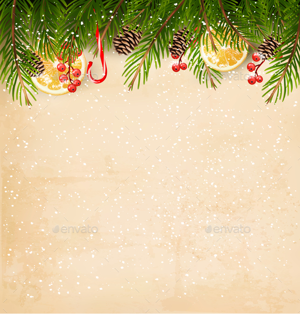 Decorated Christmas Tree Branches On A Old Paper Vector - Christmas Seasons/Holidays
