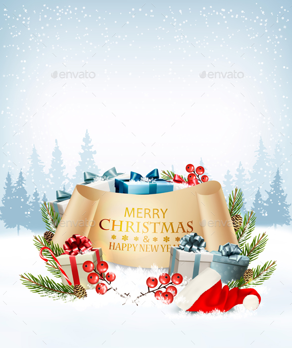 Holiday Christmas Background With A Gift Boxes Vector - Christmas Seasons/Holidays