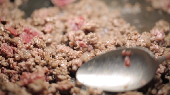 Minced Meat Being Mixed in a Pan