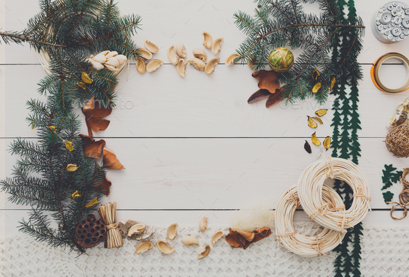 Christmas decoration handmade frame on white wood background copy space - Stock Photo - Images