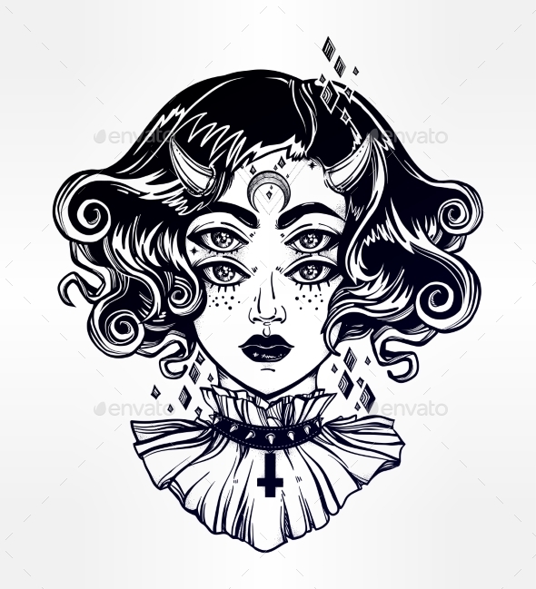 Devil Girl Portrait with Gothic Collar, Four Eyes. - People Characters